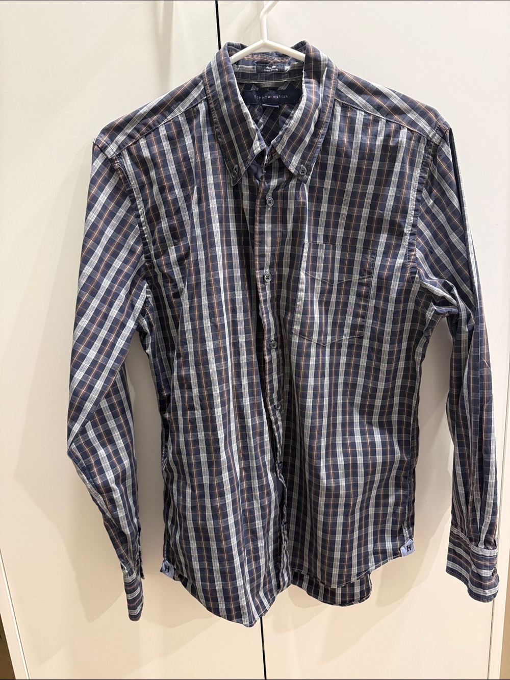 Tommy Hilfiger Men's Blue and Brown Plaid Button-Down Shirt - Casual Long Sleeve